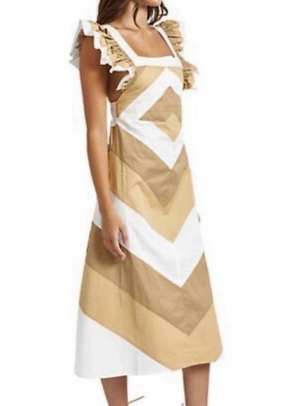 Chevron Ruffle-Strap Midi Dress in Beige and White